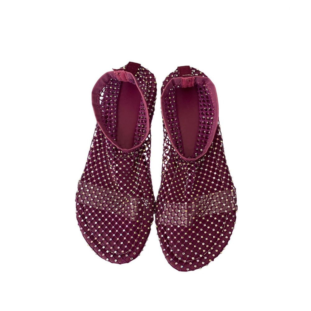 Rhinestone Mesh Fishnet Flat Sandals Plum Purple Ankle Wrap Shoes Size 39